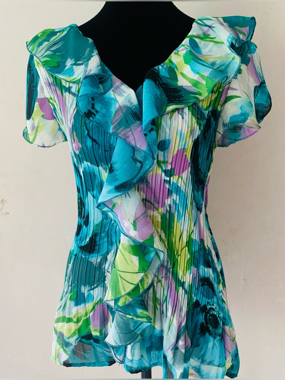 Whimsical Boho Chic East 5th Teal Floral Ruffle Pleated Blouse Size L Large